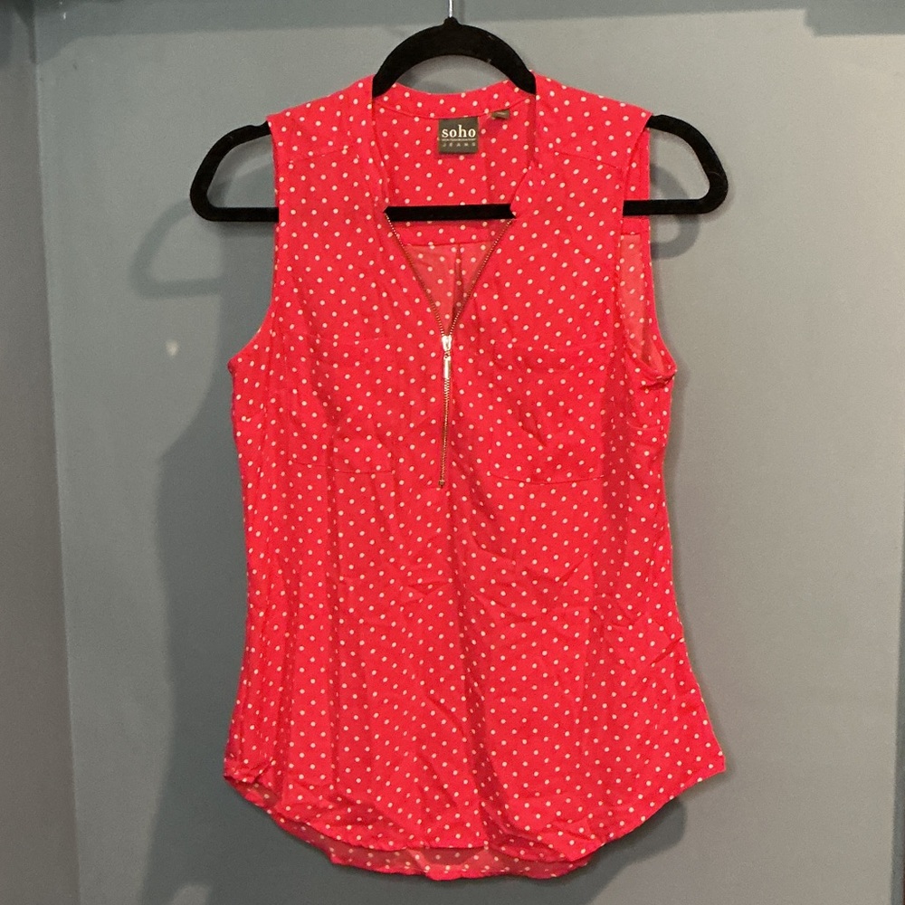 New York & Company SOHO Jeans Hot Pink Polka Dot Sleeveless Zip-Front Blouse